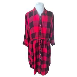 Maurices Flannel Red Check Button up Dress Long Sleeve Tie Waist Women's L